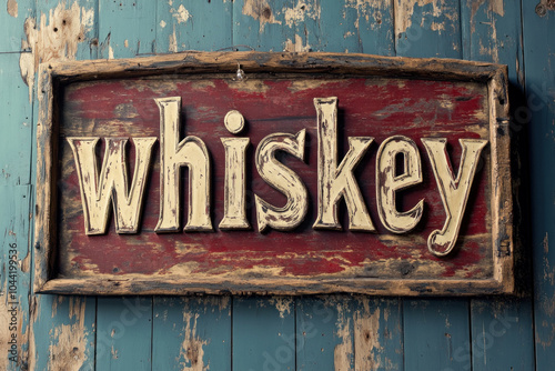 Wooden sign reading "Whiskey" hanging on a rustic wall, creating a warm and inviting ambiance with a classic and vintage aesthetic.