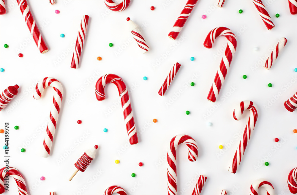 Colorful candy canes and sprinkles scattered on a white surface for festive celebrations Colorful candy canes and sprinkles scattered on a white surface for festive celebrations
