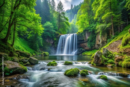 Scenic waterfall in lush forest landscape