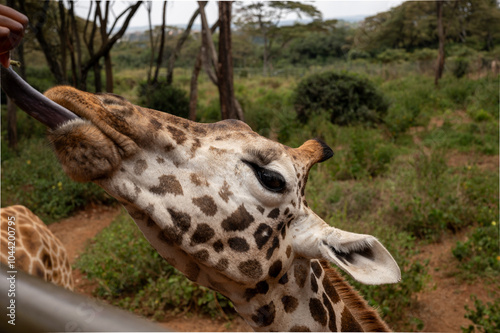 Nairobi, Kenya - Sep 23 2024: Giraffes Gracefully Feeding from Visitors' Hands at the Giraffe Center in Nairobi