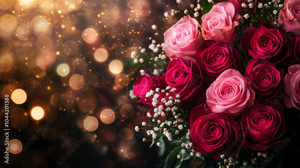 Romantic Bouquet of Pink and Red Roses with Golden Bokeh Background Romantic Bouquet of Pink and Red Roses with Golden Bokeh Background