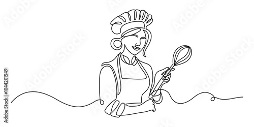 Female chef in one continuous line drawing. Cook in uniform working in kitchen in simple linear style. Symbol of food and restaurant in editable stroke. Doodle outline vector illustration