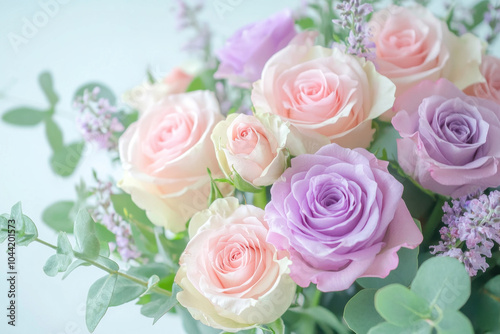 Bouquet of pink and purple roses in a crystal vase on a white table, with soft natural lighting creating a dreamy and romantic ambiance.