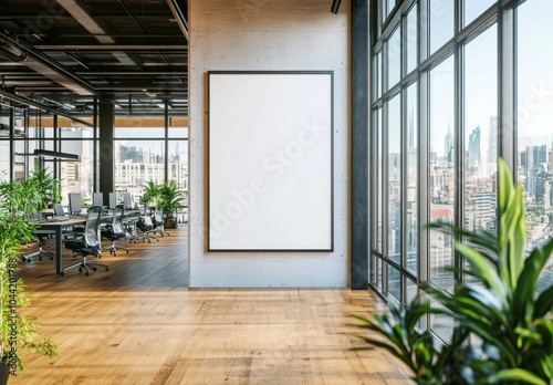 A blank white poster frame on the wall of an office with wooden floors, visible conference room, and a spacious layout featuring large windows overlooking city buildings