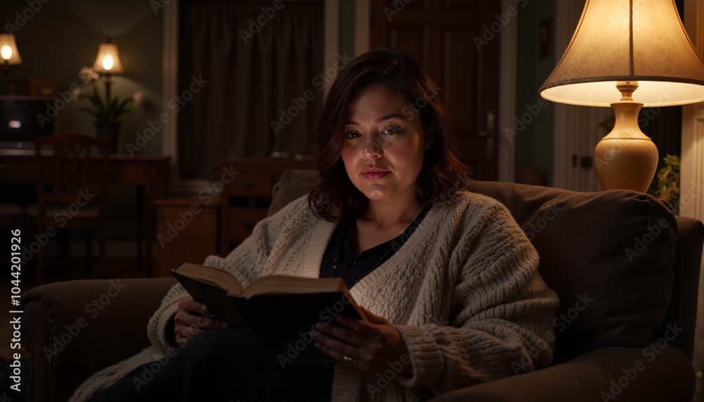 Woman reading book on cozy sofa in warm-lit room Woman reading book on cozy sofa in warm-lit room