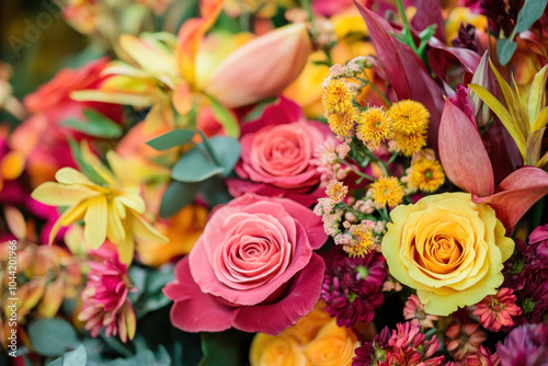 Bouquet of orange and yellow flowers in a glass vase on a wooden table with natural light casting a soft glow.