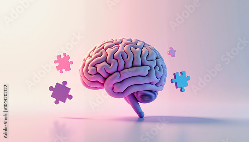 3D brain model with puzzle pieces on pastel background