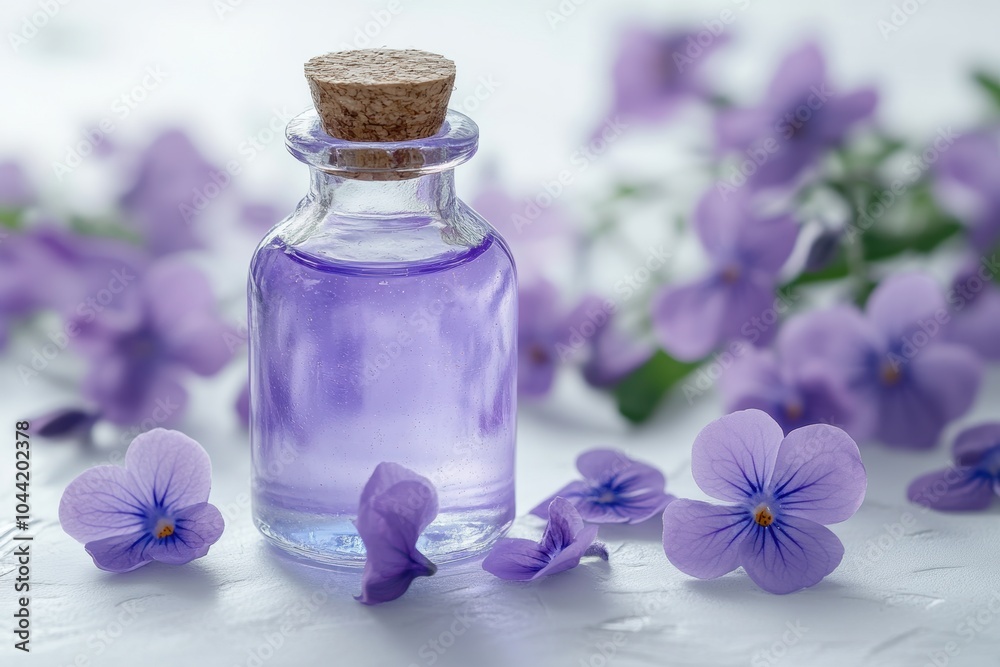 botanical oil product, a bottle of violet flower oil surrounded by soft-focused delicate flowers on a white background