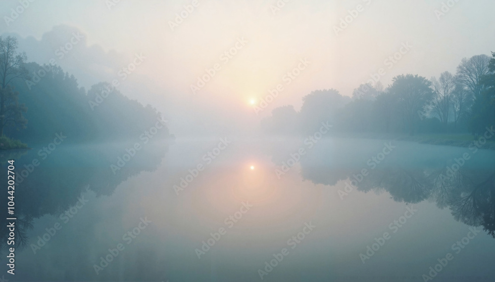 Fototapeta premium Misty sunrise over calm lake with forest reflection