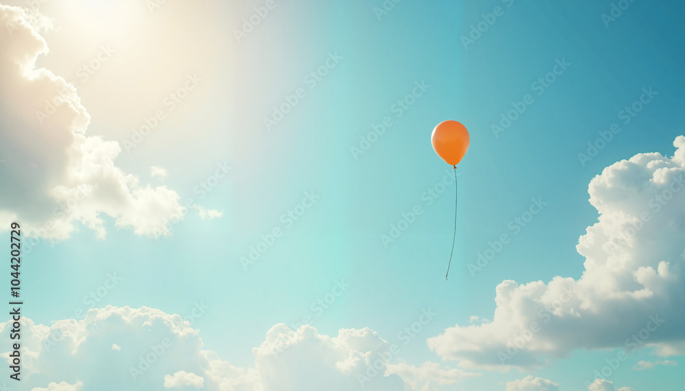 Fototapeta premium Orange balloon floating in bright blue sky with fluffy clouds
