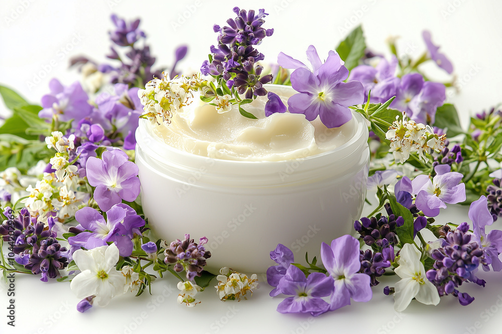 Jar with cream for face among white and violet flowers on white background. Jar with cream for face among white and violet flowers on white background.