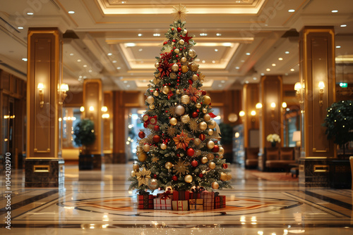 Beautifully decorated Christmas tree in lobby of luxurious hotel.