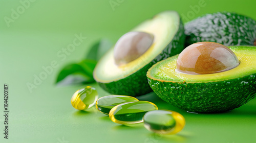 Avocado and oil with green background showcasing healthy ingredients photo