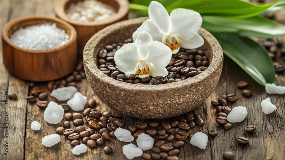 Spa Treatment with Coffee Beans Orchids and Sugar Crystals on Wooden Background Spa Treatment with Coffee Beans Orchids and Sugar Crystals on Wooden Background