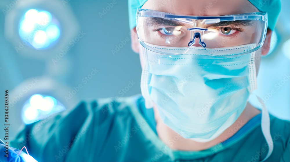 Surgeon performing operation in operating room with focused expression and surgical instruments Surgeon performing operation in operating room with focused expression and surgical instruments