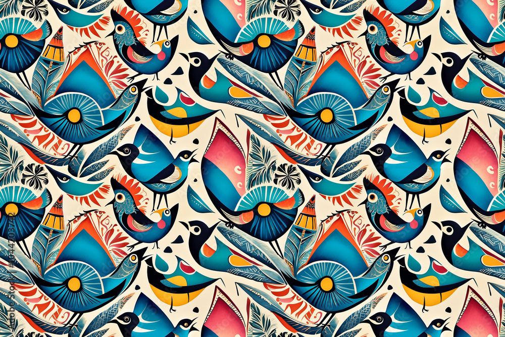 Colorful bird and foliage patterns with tropical vibes for wallpaper and fabric design Colorful bird and foliage patterns with tropical vibes for wallpaper and fabric design