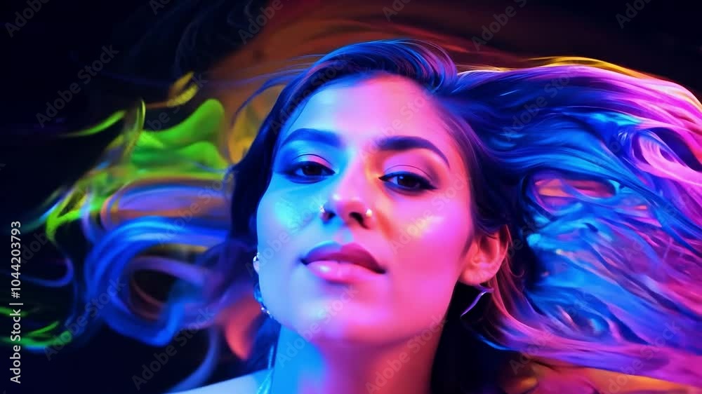 Model poses gracefully under vibrant lights, with hair flowing in the wind, showcasing beauty and style in a studio setting Model poses gracefully under vibrant lights, with hair flowing in the wind, showcasing beauty and style in a studio setting