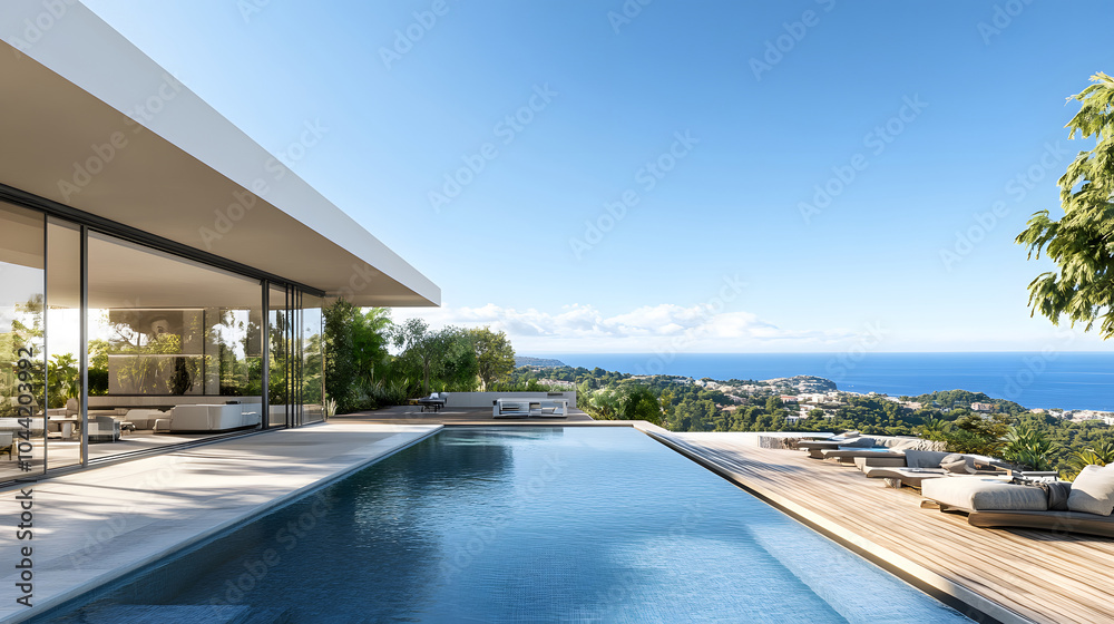Fototapeta premium Modern sea view villa swimming pool background