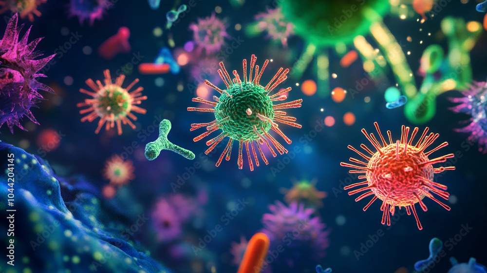 Obraz premium Microscopic View of Colorful Viruses and Bacteria