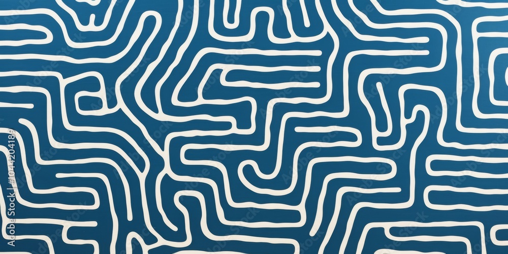 Intricate Blue Maze Pattern with Curved Lines on Plain Background Intricate Blue Maze Pattern with Curved Lines on Plain Background
