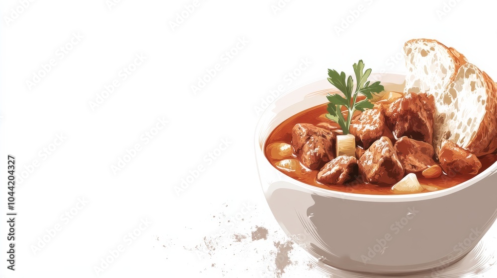A bowl of delicious soup featuring meat and vegetables, topped with bread, illustrated in vector graphics against a clean white background A bowl of delicious soup featuring meat and vegetables, topped with bread, illustrated in vector graphics against a clean white background