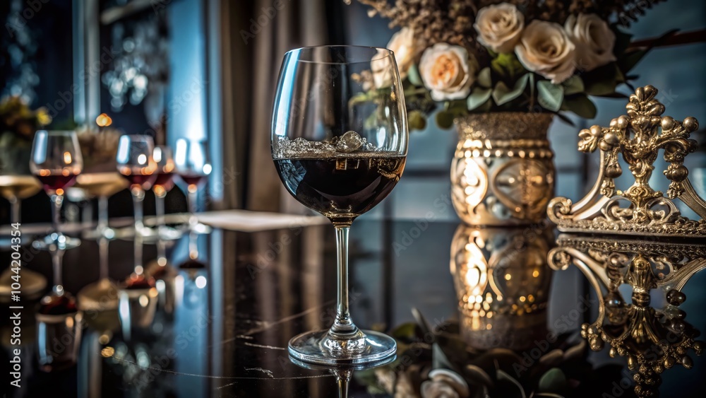 Fototapeta premium Luxurious Wine Experience: Macro Photography of Exquisite Wineglass on White Table for Event Celebration