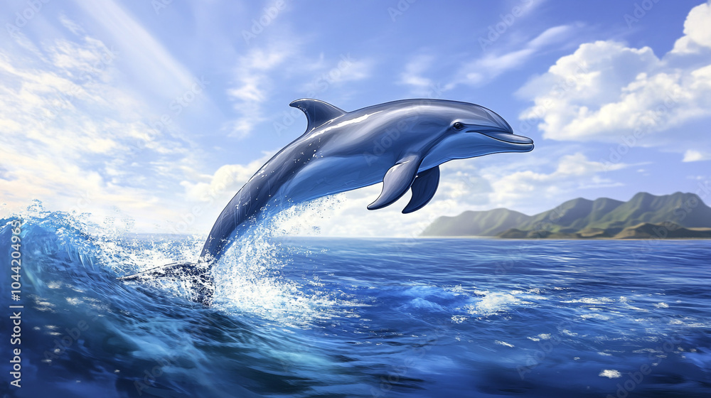 Obraz premium Dolphin Jumping Out of the Water in Ocean with Mountains in Background