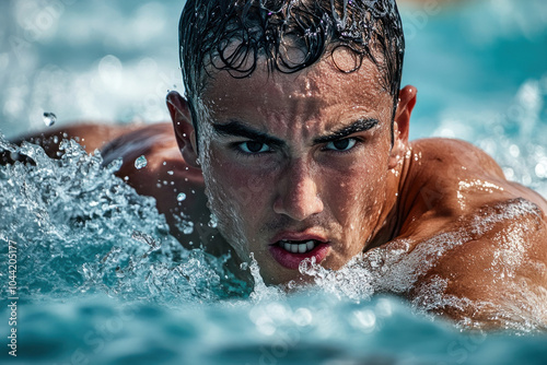 Man swimming in pool, water splashing around head. photo