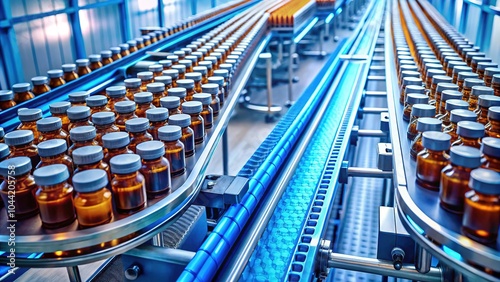 "Pharmaceutical Factory: Conveyor Belt of Medicine Vials in Mass Production"