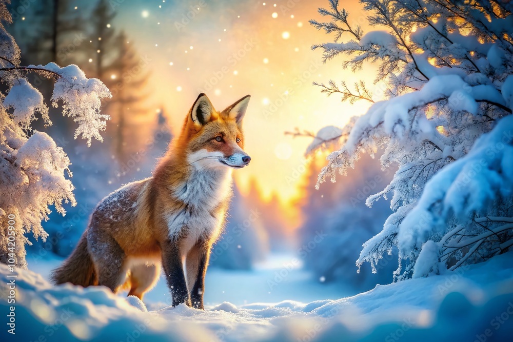 Fototapeta premium Majestic Fox in the Snow: A Panoramic Winter Wonderland Capture