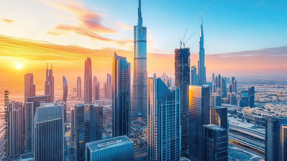 Naklejka premium Vibrant Sunset Over Modern City Skyline