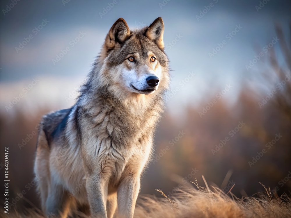 Fototapeta premium Majestic Lone Wolf in Serene Wilderness - Minimalist Photography for Nature Lovers