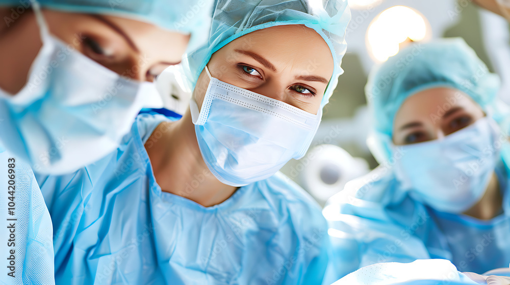 a surgical team in an operating room, focused on a procedure. Three medical professionals are dressed in scrubs, masks, and surgical caps a surgical team in an operating room, focused on a procedure. Three medical professionals are dressed in scrubs, masks, and surgical caps