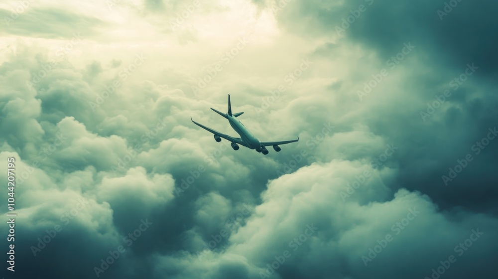 An airplane flying through dramatic clouds in a moody sky. An airplane flying through dramatic clouds in a moody sky.