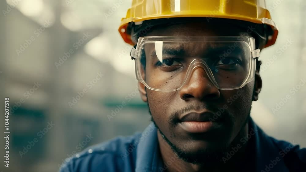 Industrial worker wearing a hard hat and safety glasses is staring ahead with a serious expression Industrial worker wearing a hard hat and safety glasses is staring ahead with a serious expression