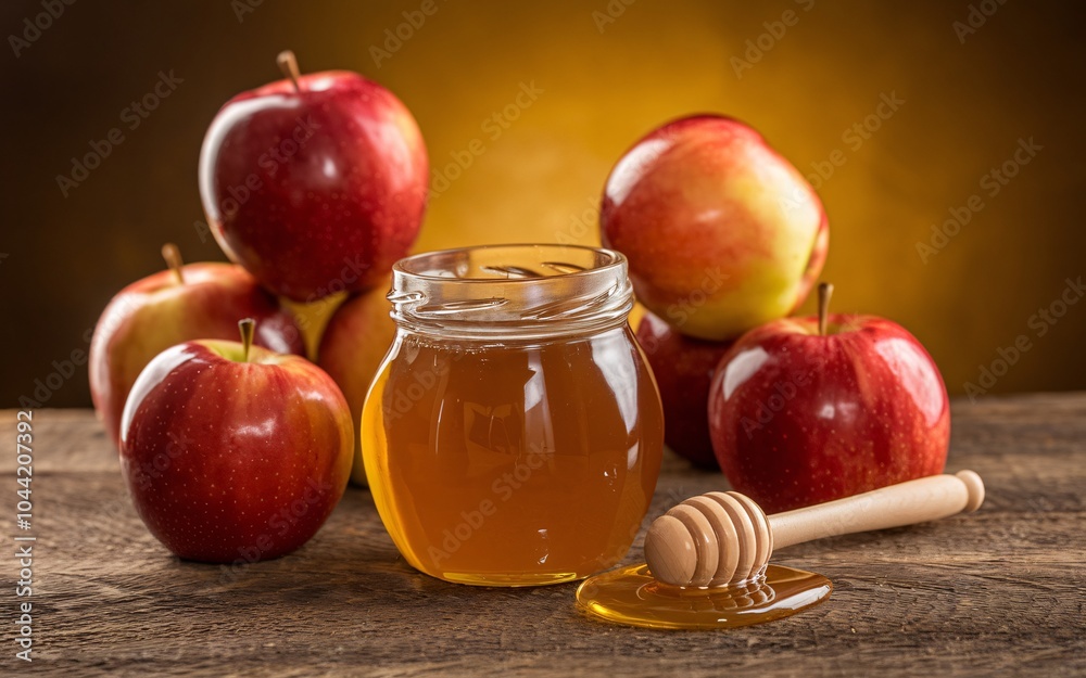 A glass jar of honey with a honey dipper and red apples on a rustic wooden table. A glass jar of honey with a honey dipper and red apples on a rustic wooden table.