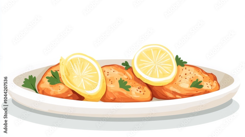 an oval-shaped dish featuring a lemon cut in half atop golden-brown fried chicken steaks an oval-shaped dish featuring a lemon cut in half atop golden-brown fried chicken steaks