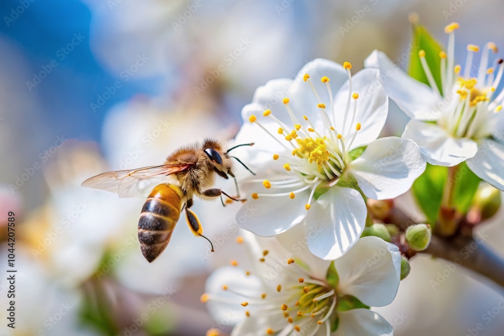 Minimalist Close-Up of Bee Collecting Nectar from White Flower in Blooming Fruit Tree, Spring Season Beauty Minimalist Close-Up of Bee Collecting Nectar from White Flower in Blooming Fruit Tree, Spring Season Beauty