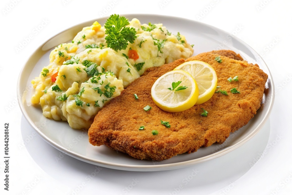 Schnitzel with potato salad on white background, classic Austrian meal Schnitzel with potato salad on white background, classic Austrian meal