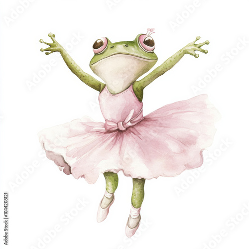 A joyful frog ballerina in a soft pink dress, leaping middance, watercolor handdrawn illustration on an isolated background. Cute character for nursery decor or posters. photo