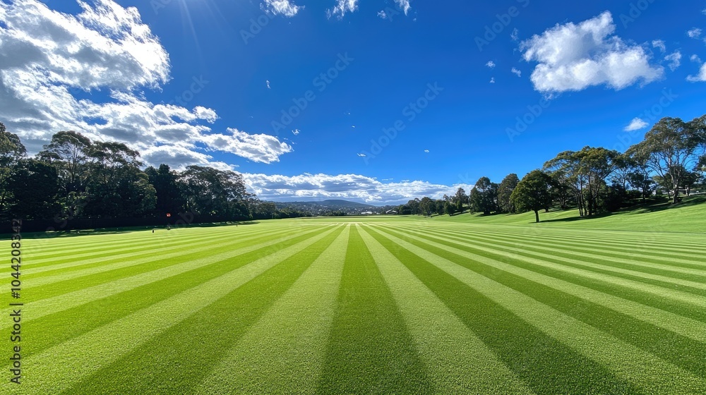 Fototapeta premium Striped grassy field with blue sky. Perfect for showcasing a serene and natural environment.