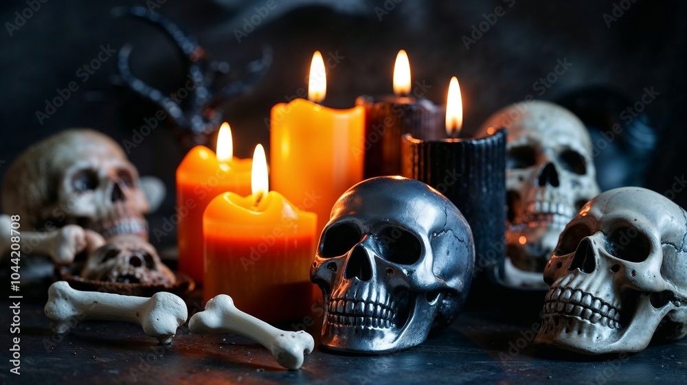 Halloween candles and skulls, flickering orange and black candles surrounded by bones, spooky decor Halloween candles and skulls, flickering orange and black candles surrounded by bones, spooky decor