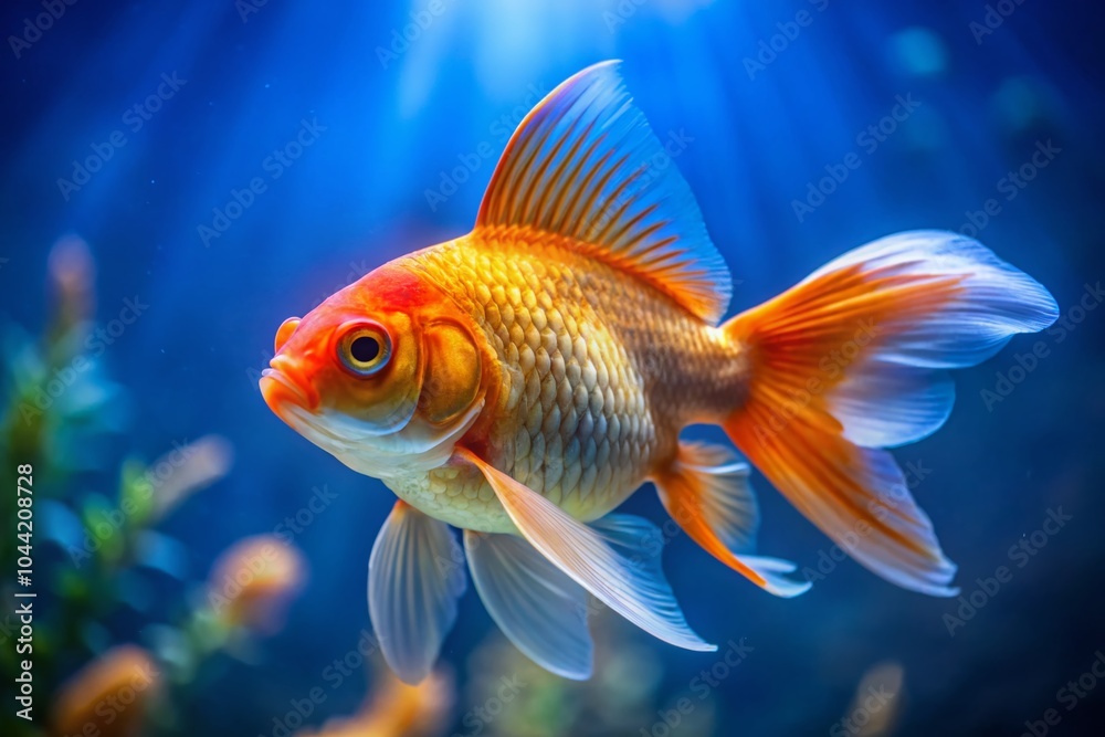 Minimalist Portrait of Goldfish in Blue Aquarium Water for Serene Aquatic Decor Minimalist Portrait of Goldfish in Blue Aquarium Water for Serene Aquatic Decor
