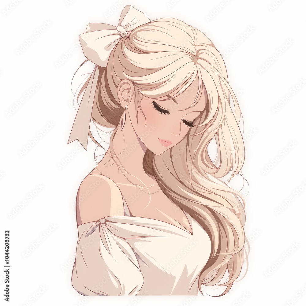A serene young woman with long, flowing blonde hair adorned with a bow, exuding elegance and tranquility. A serene young woman with long, flowing blonde hair adorned with a bow, exuding elegance and tranquility.