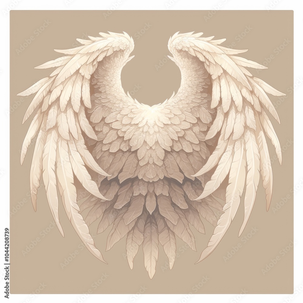 Obraz premium Ethereal white feathered wings against a soft beige background, creating a serene and majestic visual.