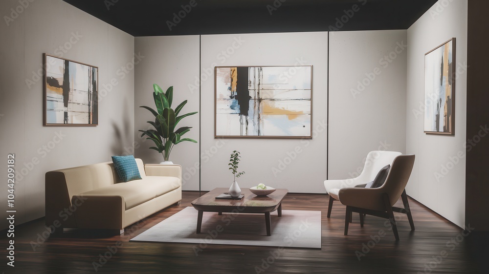 Modern Living Room with Two Facing Couches, Large Windows, and Contemporary Art Modern Living Room with Two Facing Couches, Large Windows, and Contemporary Art