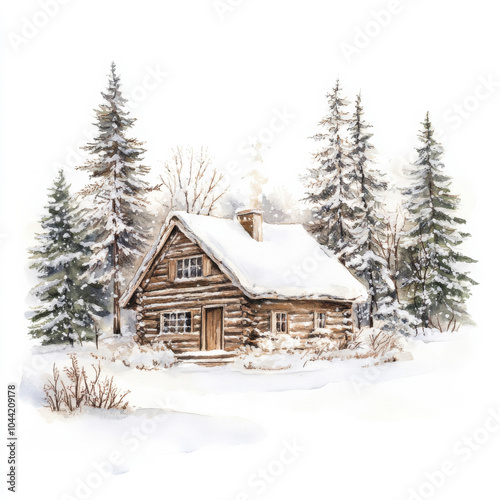 Watercolor Christmas postcard with a rustic winter cabin in the woods, surrounded by tall snowcovered pines and soft falling snow. Isolated white background for a charming holiday greeting.