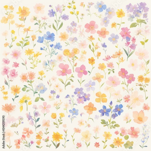 A vibrant array of watercolor flowers in pastel hues, creating a cheerful, whimsical pattern perfect for any design project.