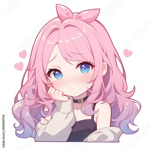 Cute female anime character with pink hair and blue eyes, displaying a shy expression and adorned with a choker.