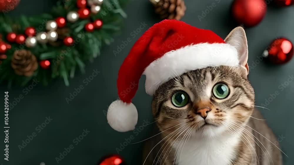 Cat wearing red Santa hat on dark green background with pine branches decor. Christmas and New Year celebration. Winter holiday. Festive concept for pet shop